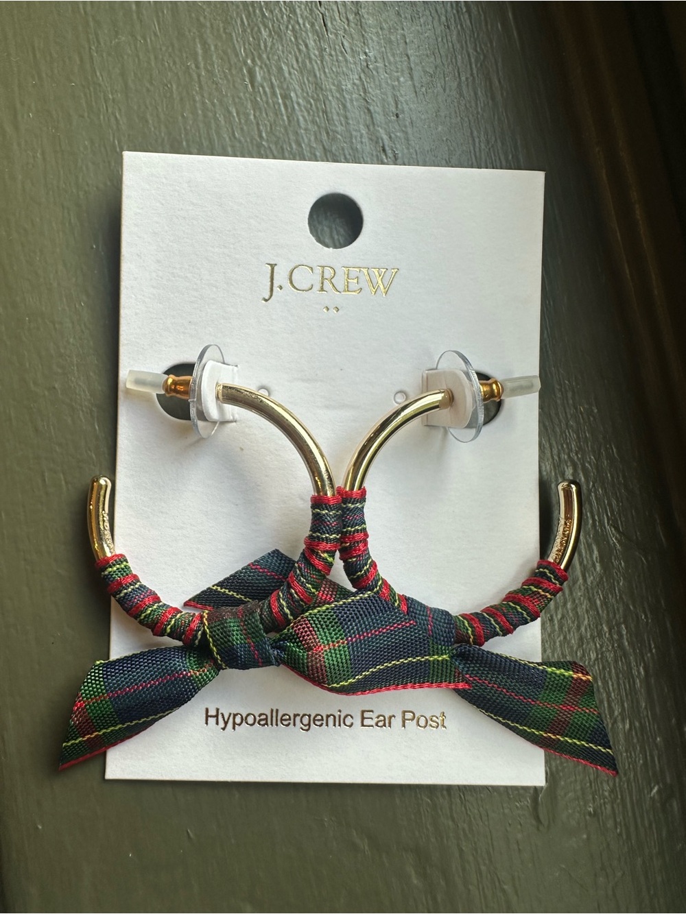 J.Crew Tartan Plaid Bow Hoop Earrings Gold Tone NWT BE344